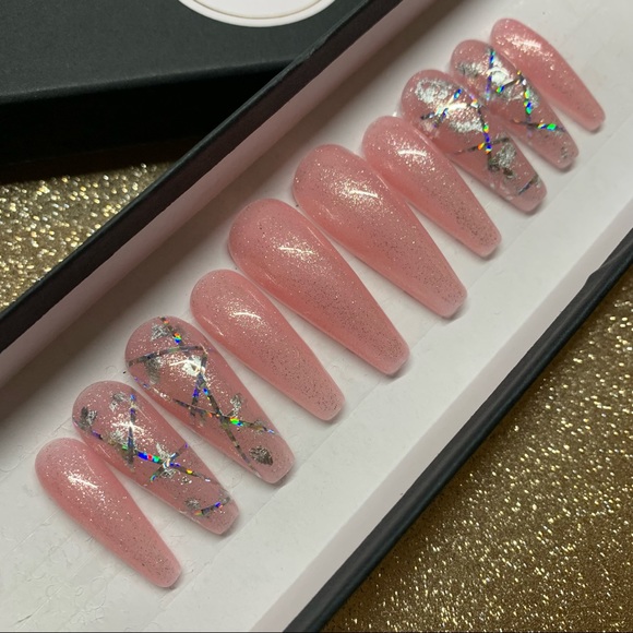 Christina’s Nails Other - Bandage Inspired XL Sculpted Coffin Pink Holographic Shimmer Custom Press Ons